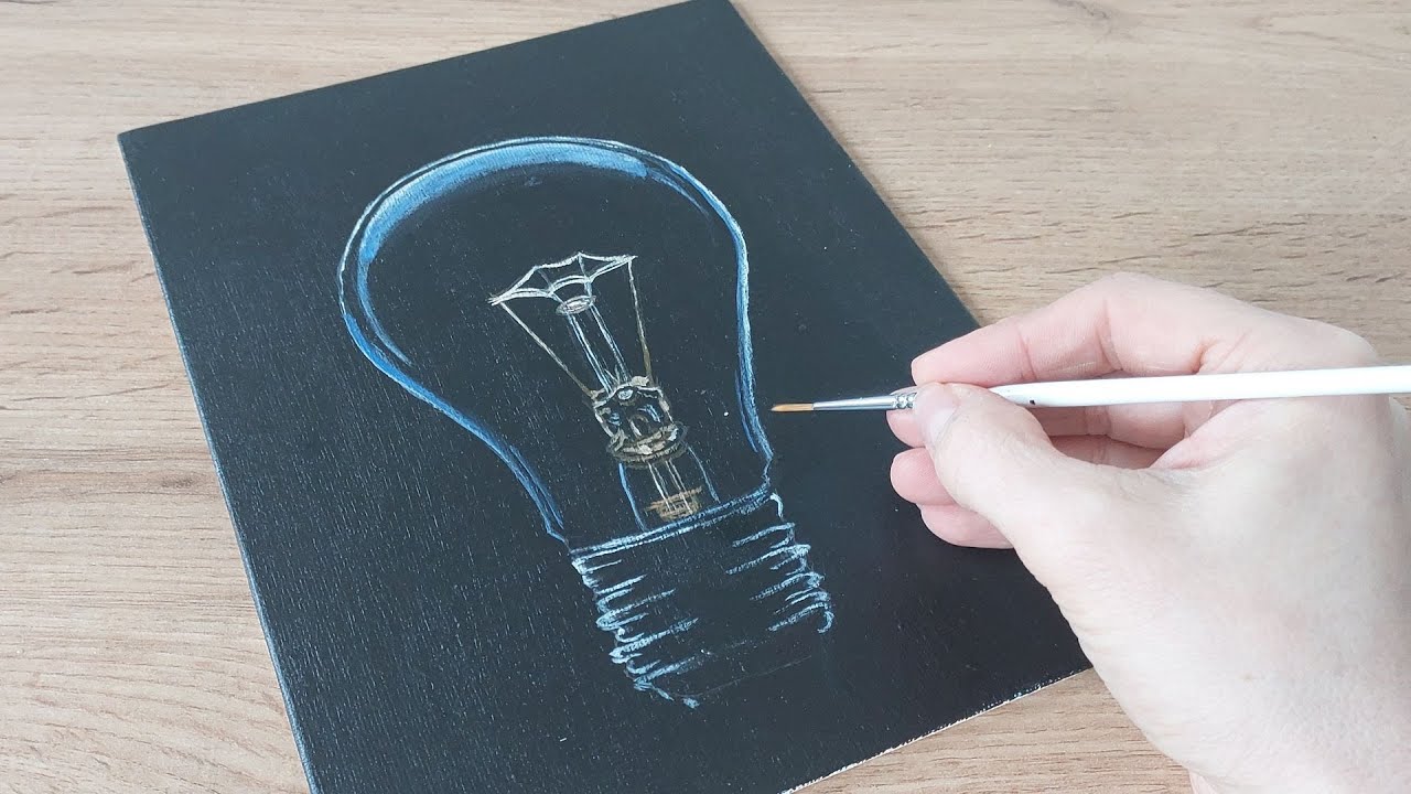 How to paint a Light Bulb / Acrylic Painting on Black Canvas / for Beginners / Tutorial
