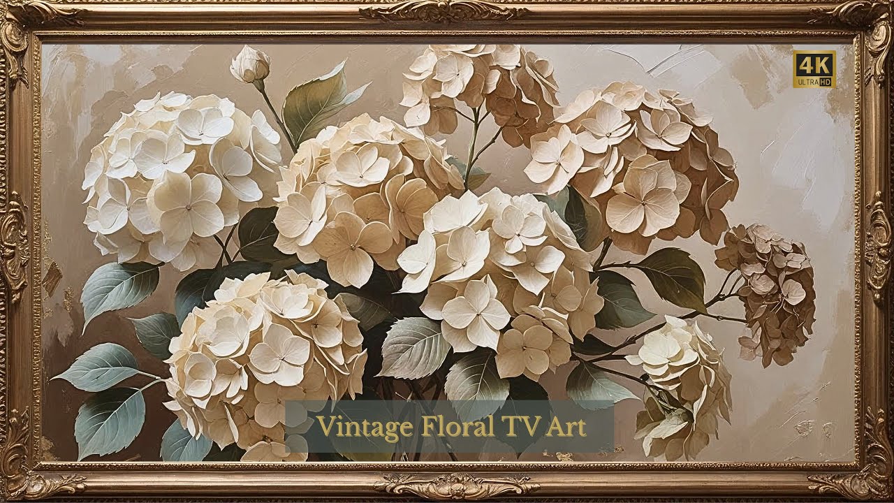 Vintage Oil Painting | Elegant Neutral Wall Art for Samsung Frame TV Cream & Beige Hydrangea 4K