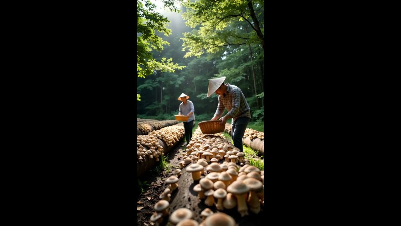 Shiitake Mushroom Harvest – Logs Covered in Delicious Fungi