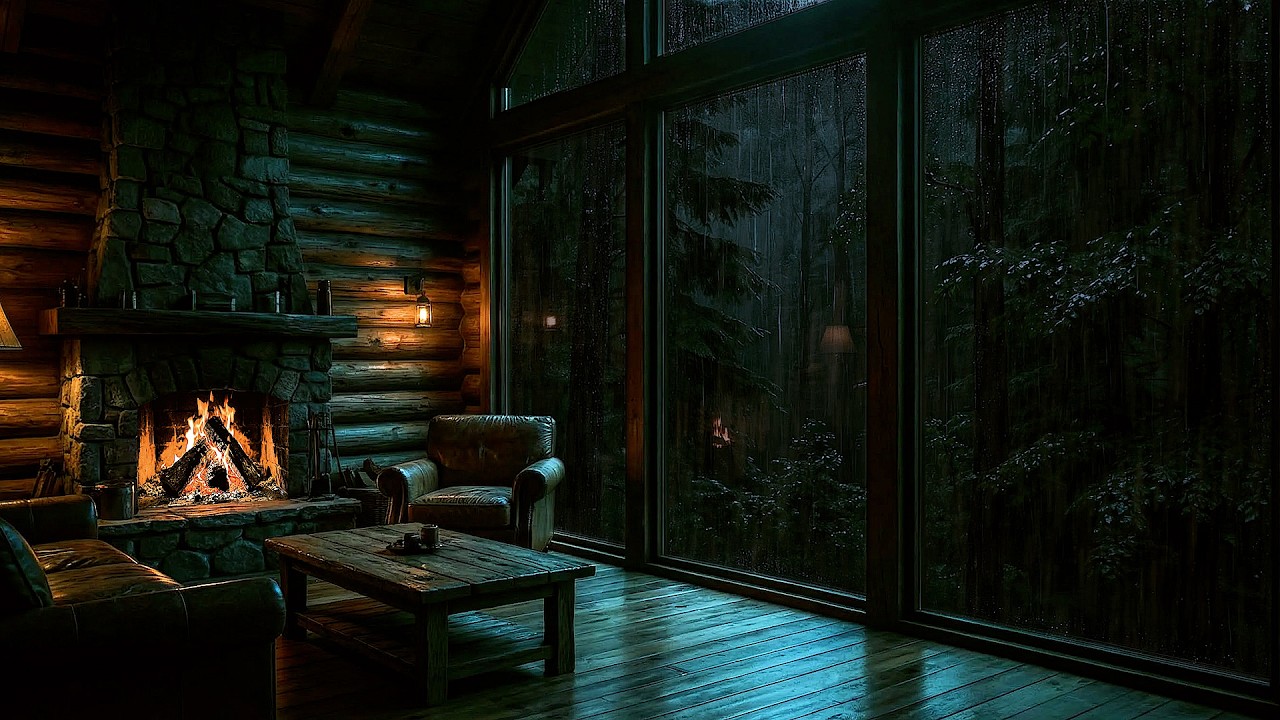 🌧️ Cozy Cabin Rain & Fireplace Sounds (NO ADS)🌲 | Deep Sleep & Relaxing Night Ambience
