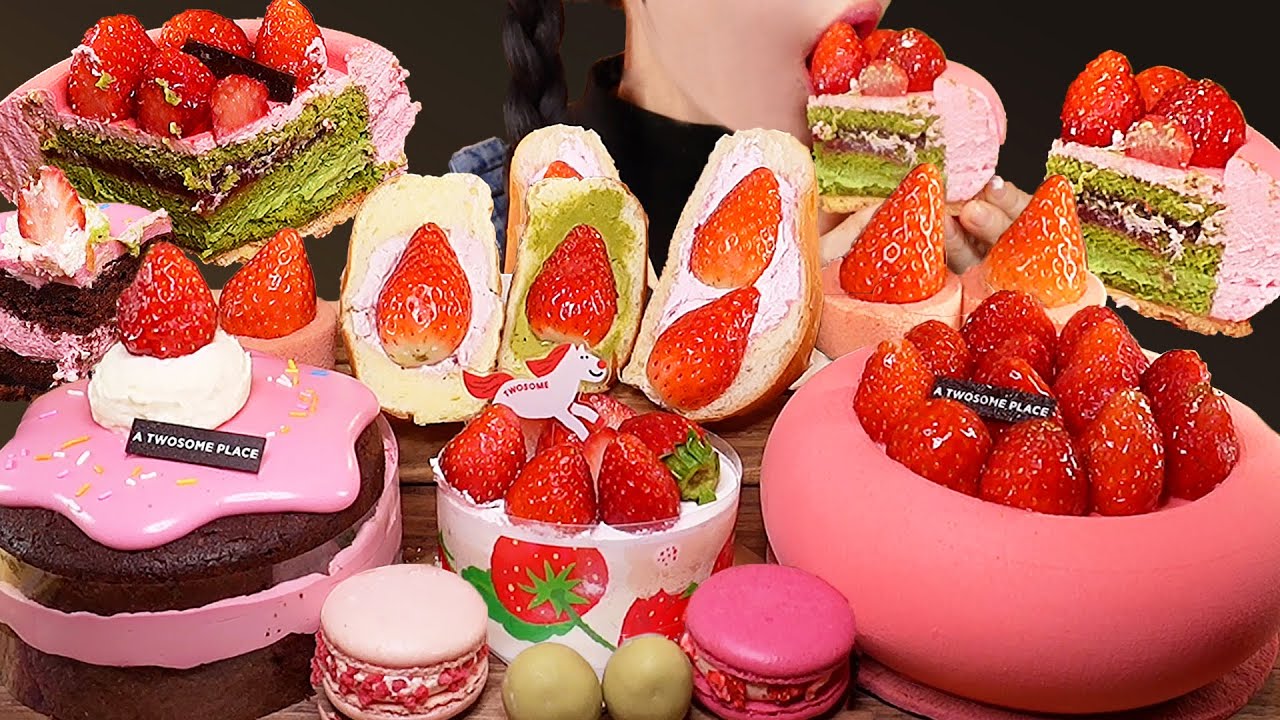 ASMR 🍓Клубничный торт с матчей и шоколадный торт с маршмеллоу #CakeMukbang#ChocolateCakeMukbang