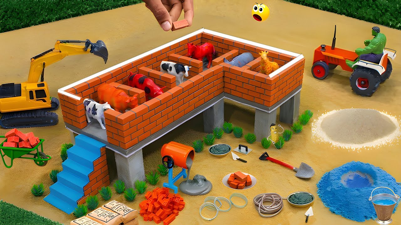 Cows swept away by flood - diy mini 2-storey Cow shed making with bricks science project and cement