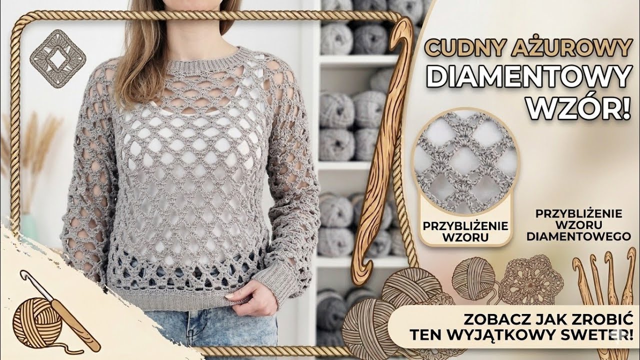 NR/70 ROMBY Siateczkowy Sweter Bluzka Top na szydełku/ Crochet Lace Top Sweater