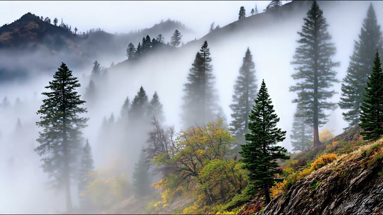 Dense fog rolls through a misty mountain forest