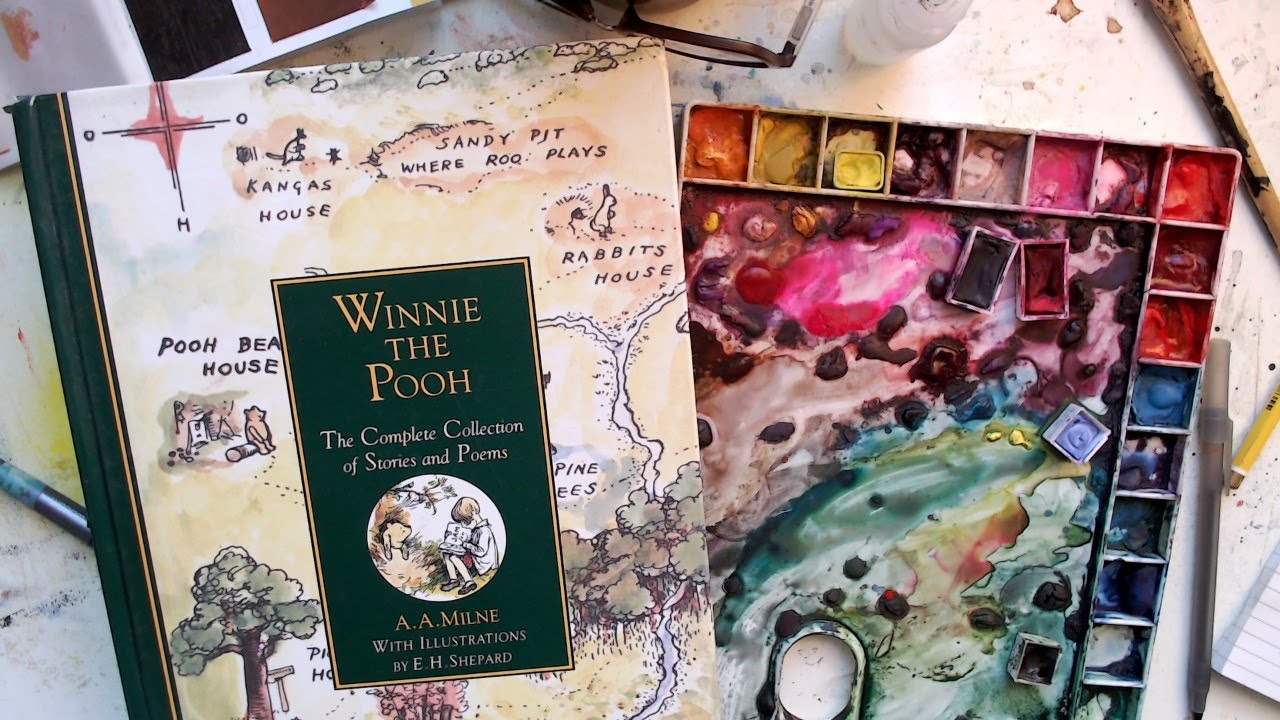 watercolour and ink (recreating illustrations by e.h shepard) winnie the poo!