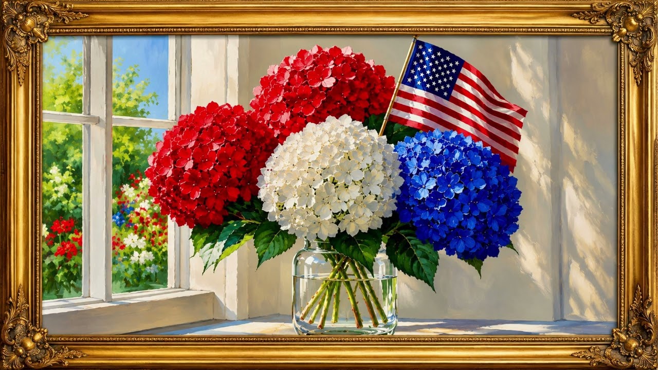Patriotic Memorial Day TV Art | Hydrangeas & American Flag | Memorial Day TV Art | 4K Patriotic TV