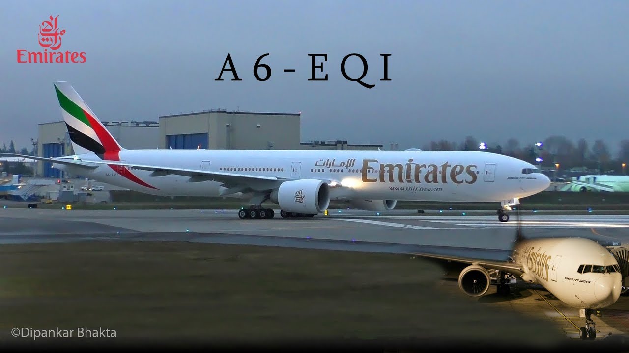 Emirates B777-300ER (A6-EQI) Evening Delivery Flight Paine field Everett to Dubai UAE DXB