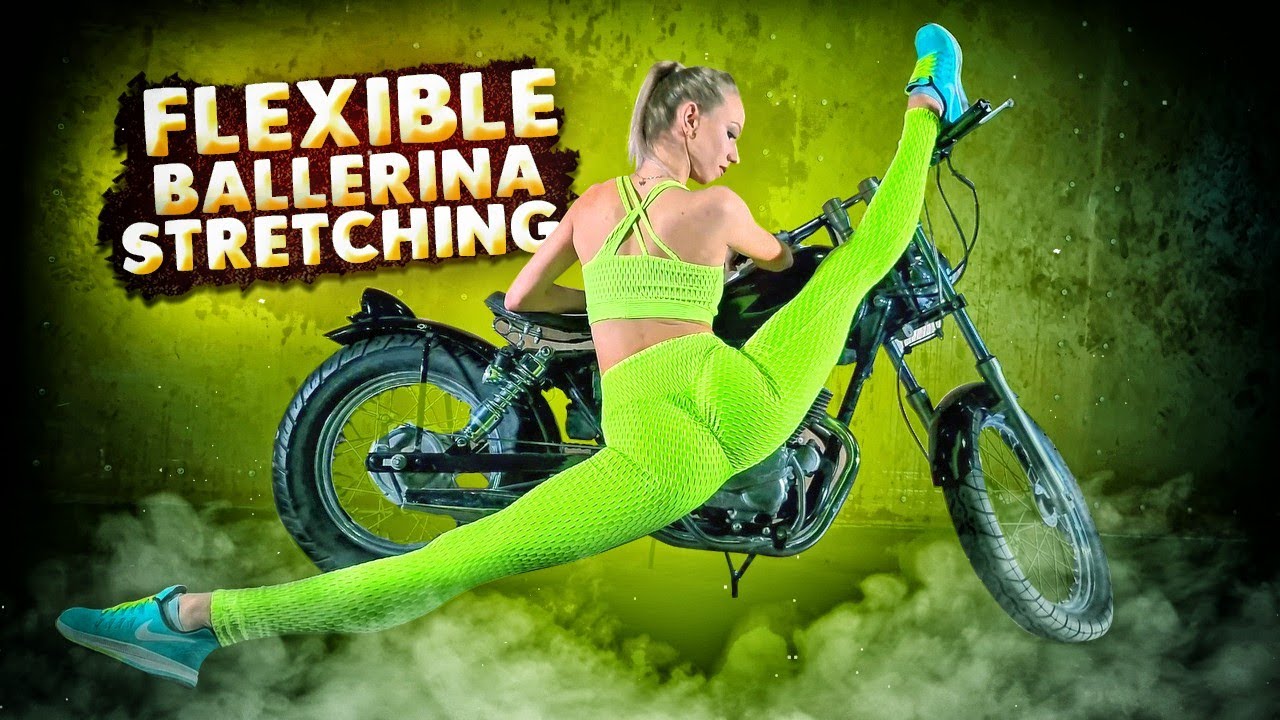 Flexible Ballerina Oversplits Training. Contortion and Gymnastics Routines in Photostudio. Flexshow.