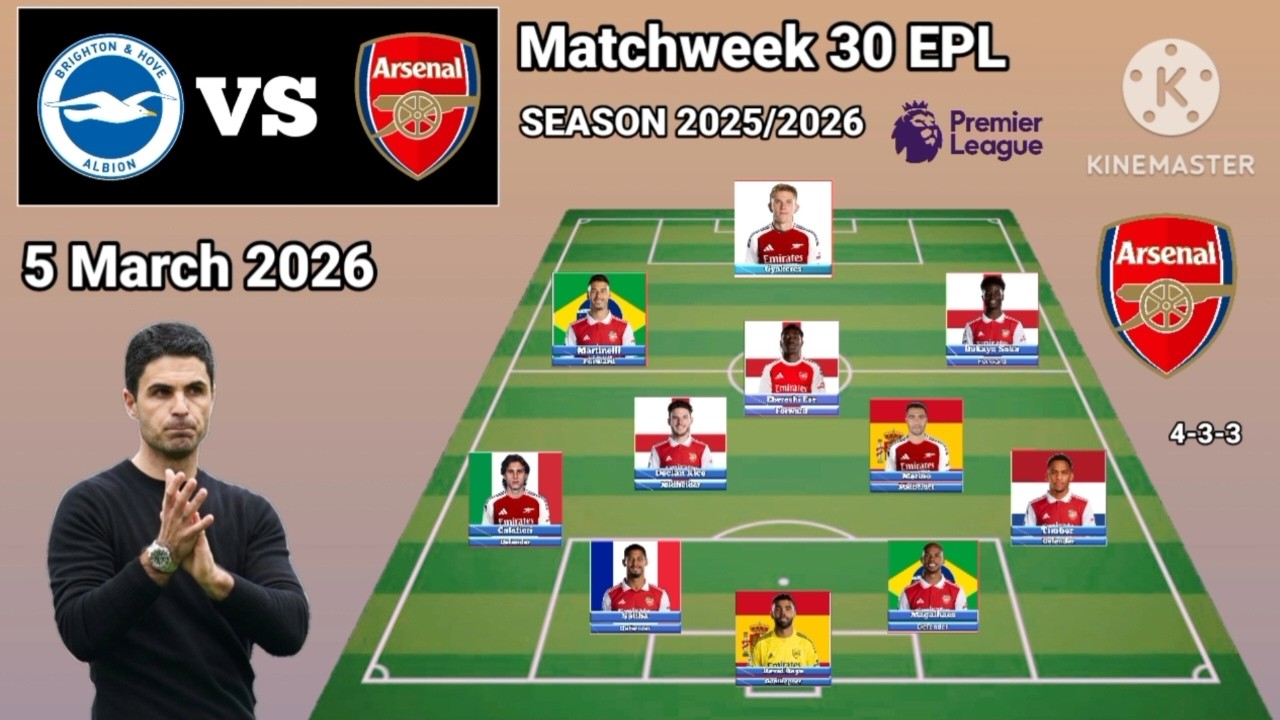 Brighton vs Arsenal Line Up 4-2-3-1 With Calafiori Matchweek 30 EPL Season 2025/2026