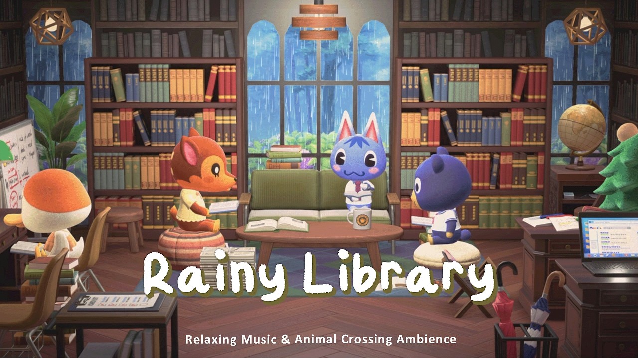 Rainy Library 📚 Relaxing Jazz  for Studying & Reading | Animal Crossing Ambience