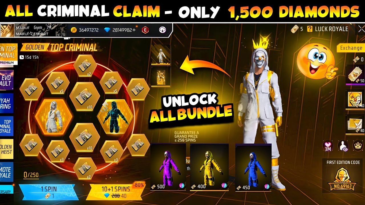 New Criminal Ring Event Free Fire🤯 Golden Criminal Bundle🔥 Spin Video 🥳 New Event Ff || Ff New Event