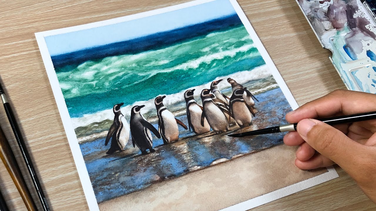 Painting Penguins On The Beach in Watercolor