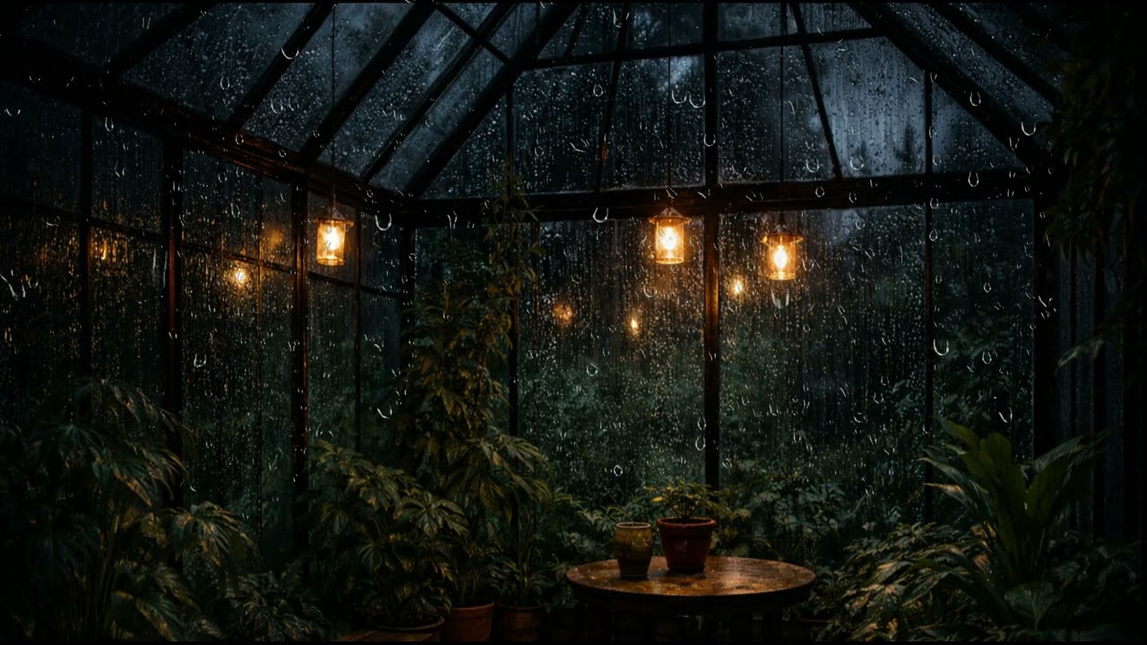 5 Hours Rain in a Cozy Greenhouse at Night 🌧️ | Deep Sleep, No Music