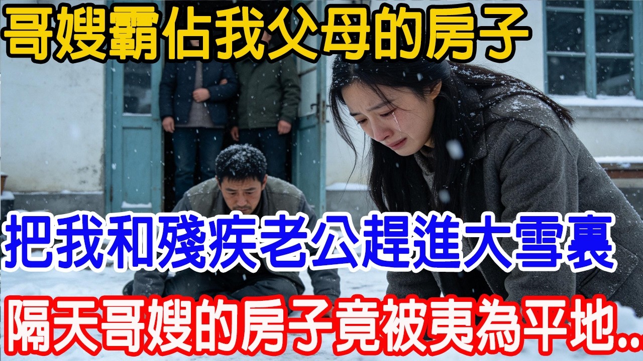 【一口氣看完】哥嫂霸佔我父母的房子，還把我跟殘疾老公趕到大雪裏。誰知老公打了個電話，隔天哥嫂的房子被夷為平地，老公攬著我走進莊園：「夫人，受驚了。」#故事樹洞 #故事頻道 #情感故事 #原創