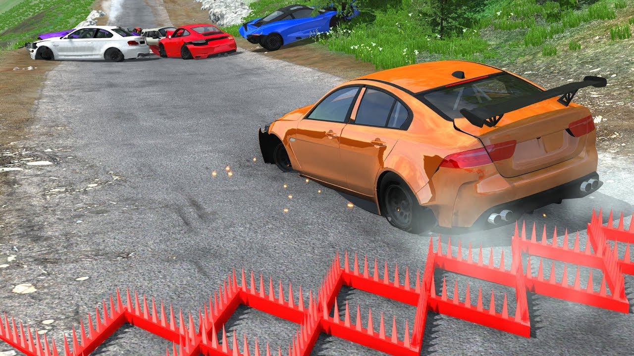 Spike Strip Multi-Vehicle Pileup Crashes (WITH REAL CARS)#3 - BeamNG Drive