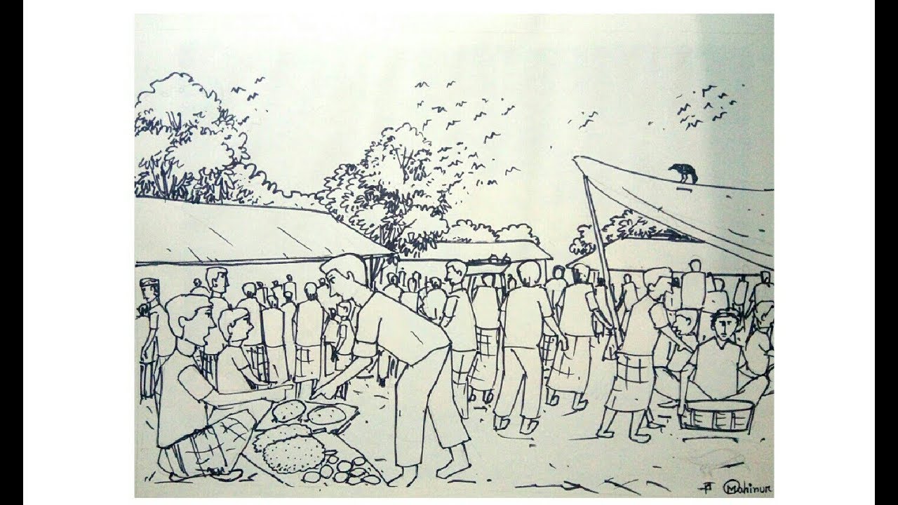 How to draw a village market step by step for students.