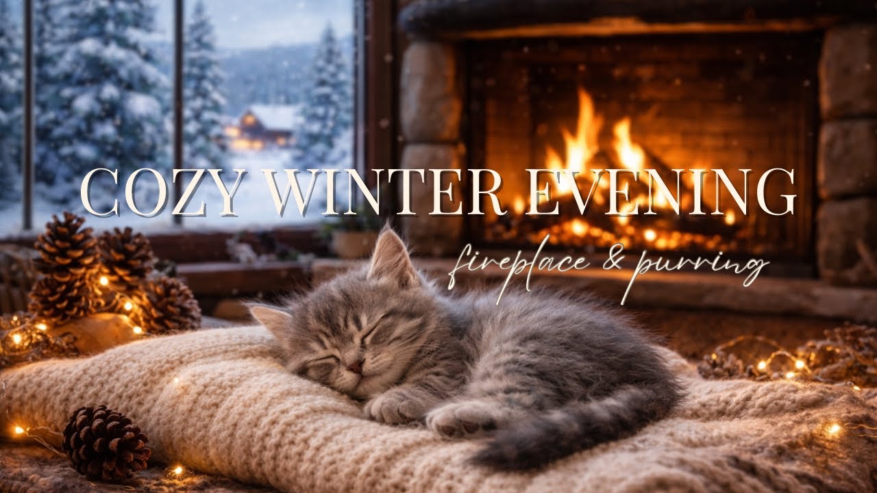 Cozy Fireplace & Sleeping Kitten 🐾 | Snowy Evening Lights, Purring & Soft Piano | 4K