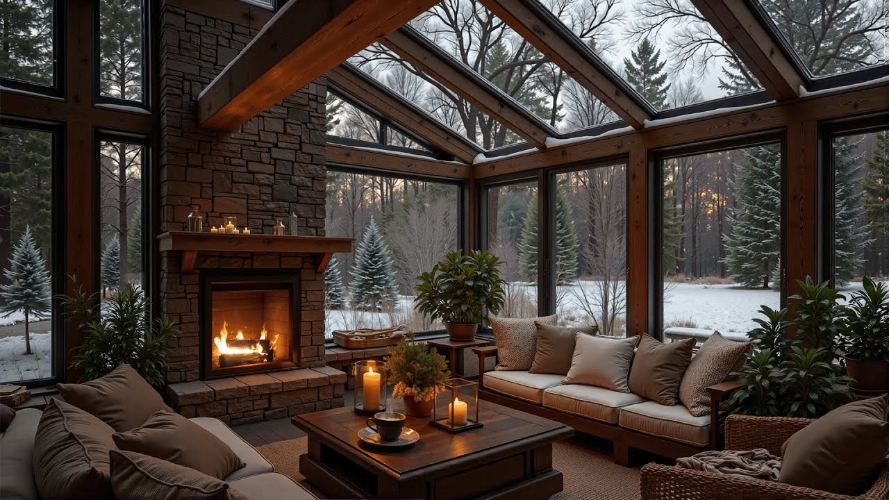 Cozy Winter Cabin Jazz ❄️ Snowy Forest View, Fireplace Ambience & Relaxing Jazz Music