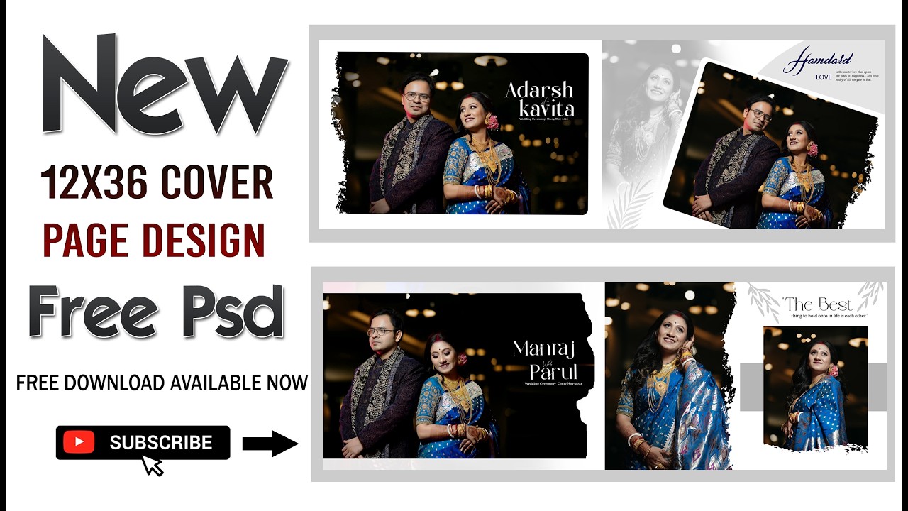 12x36 Cover Page PSD Free Download 2026 | Fully Editable Wedding Album PSD