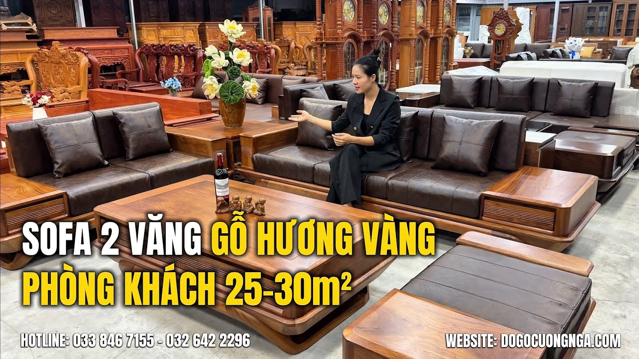 Bộ Sofa 2 Văng Gỗ Hương Vàng Nệm Cao Su Cho Phòng Khách 25-30m² | Đồ Gỗ Cường Nga