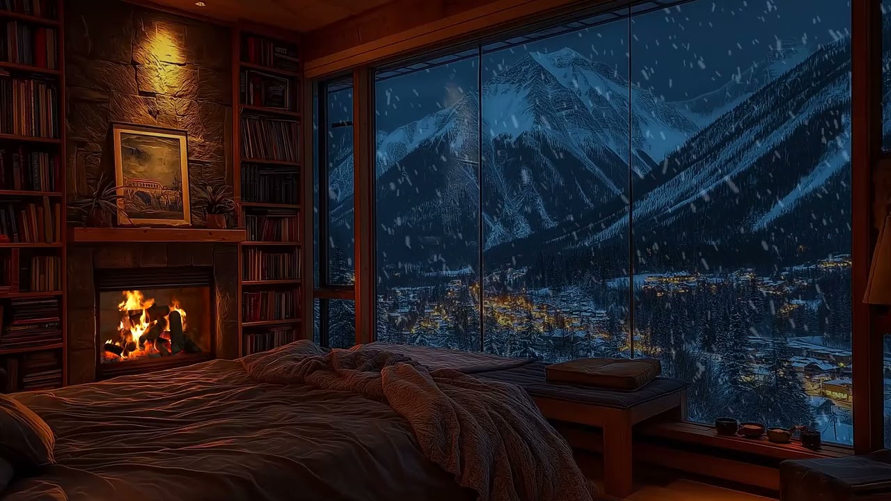 Winter Night Ambience ❄️ | Snow Falling & Fire Crackling by the Window