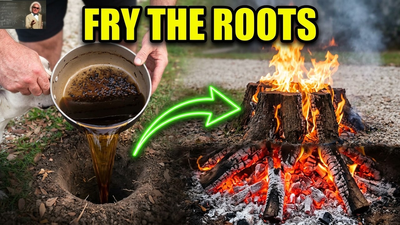INGENIOUS WAY TO FRY A TREE STUMP and Dispose of your old Cooking Oil at The Same Time