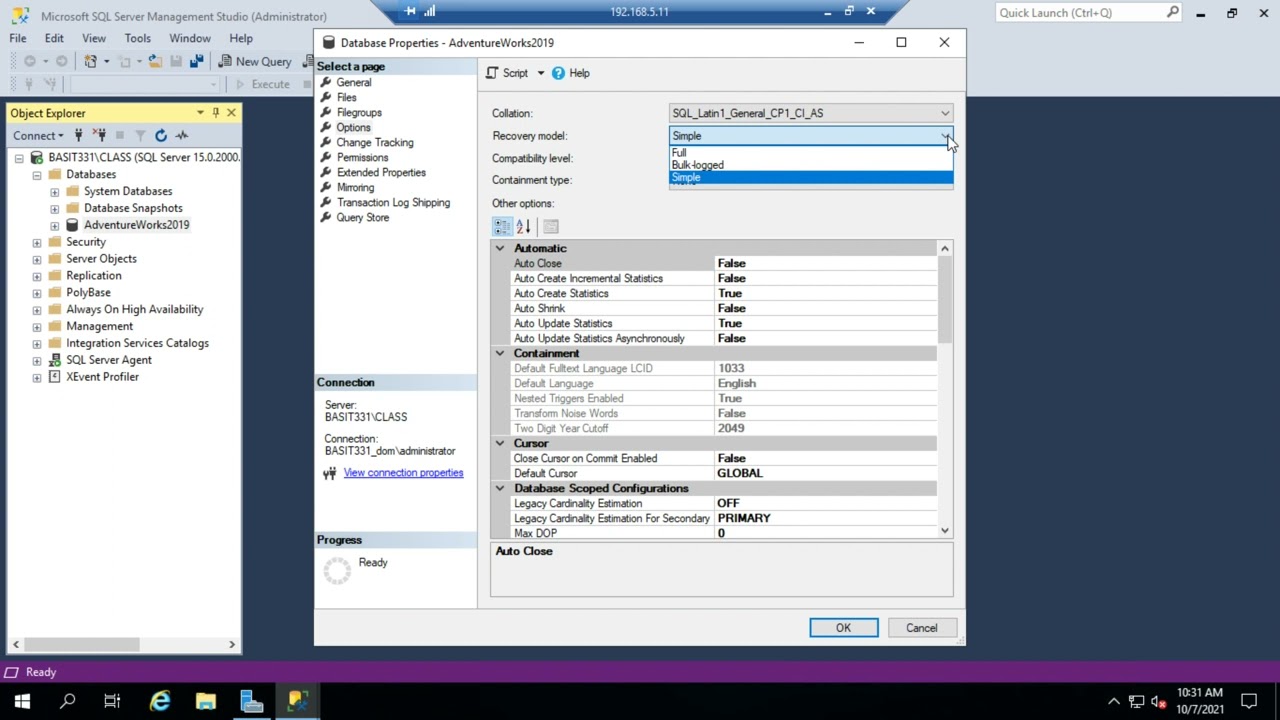 Setting a database recovery model
