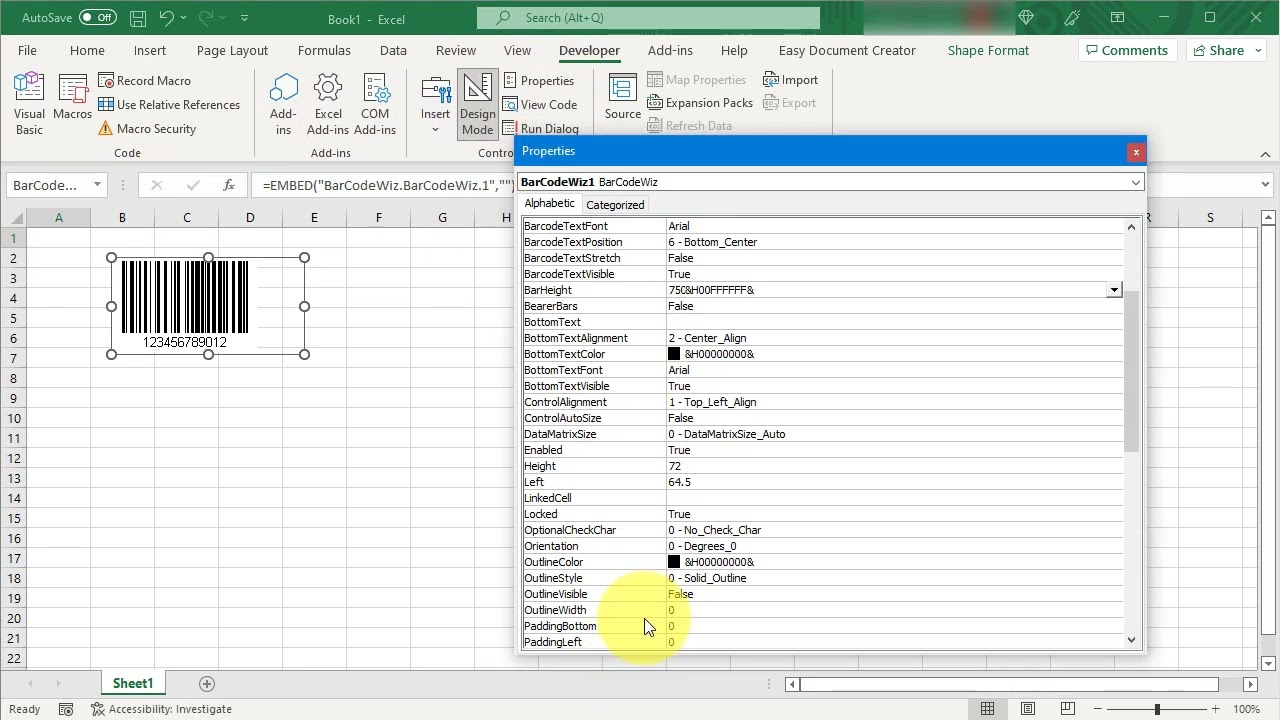 Create Dynamic Barcodes in Excel using BarCodeWiz ActiveX Control and Linked Cell