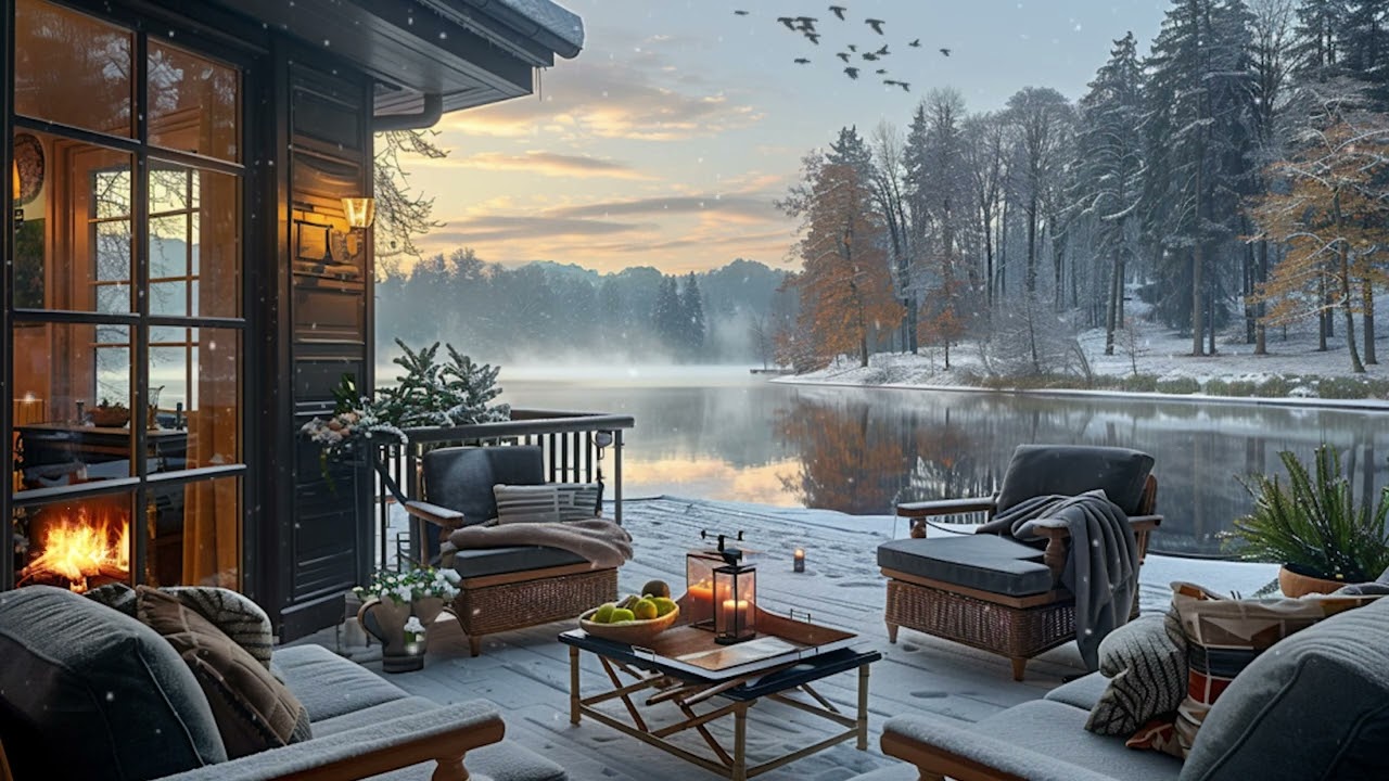 Relax Winter Nature Cafe Shop Ambience ❄️ Gentle Jazz & Crackling Fireplace Sound for Stress Relief