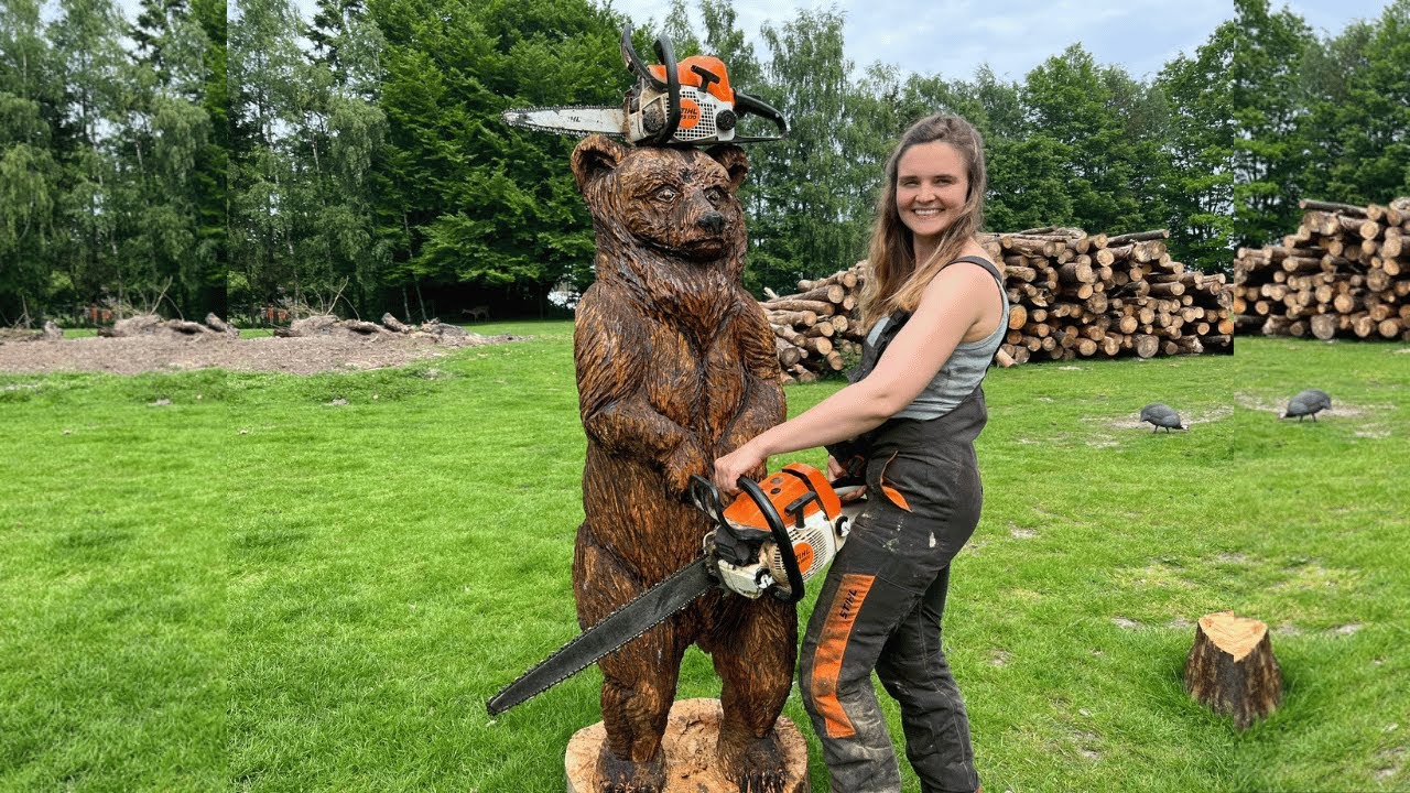 Lebensgroßer Bär aus Holz   Erstaunliche Kettensägenkunst