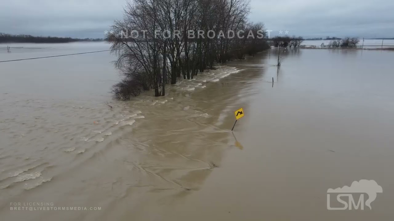 03-05-2026 Seymour, IN - Drone - River flooding, semi trucks stuck and roads overflowing