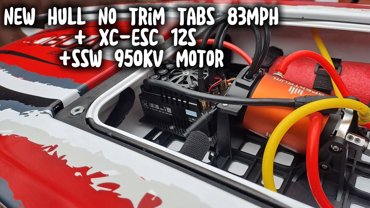 Testing new hull NO trim tabs with XC-esc E5 pro 12s and SSW 950kv motor - 83mph