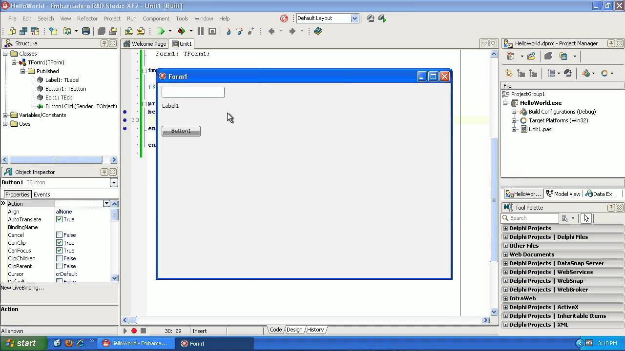 Learning to program Delphi tutorial 1 - Hello World - Pascal - Rad Studio XE2