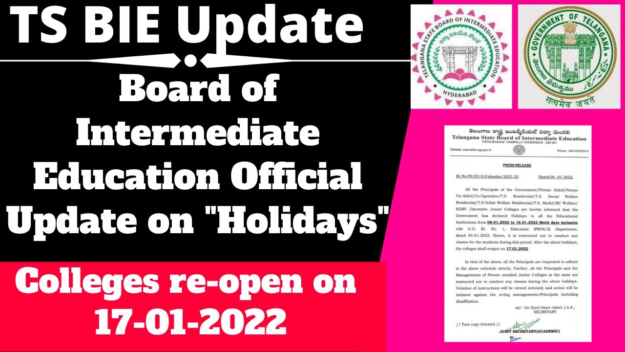 TS BIE official circular on holidays||TS Intermediate colleges Holidays||TS holidays for Inter