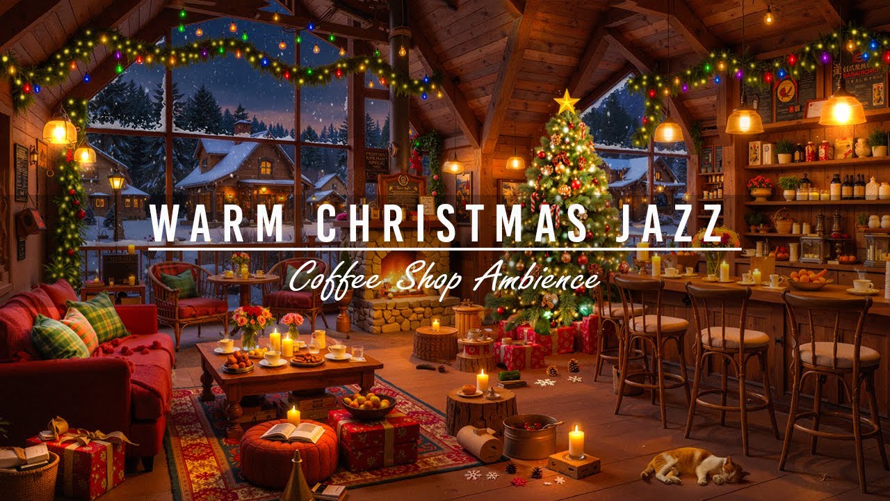 Instrumental Christmas Jazz Music🎄Cozy Christmas Coffee Shop Ambience with Warm Crackling Fireplace