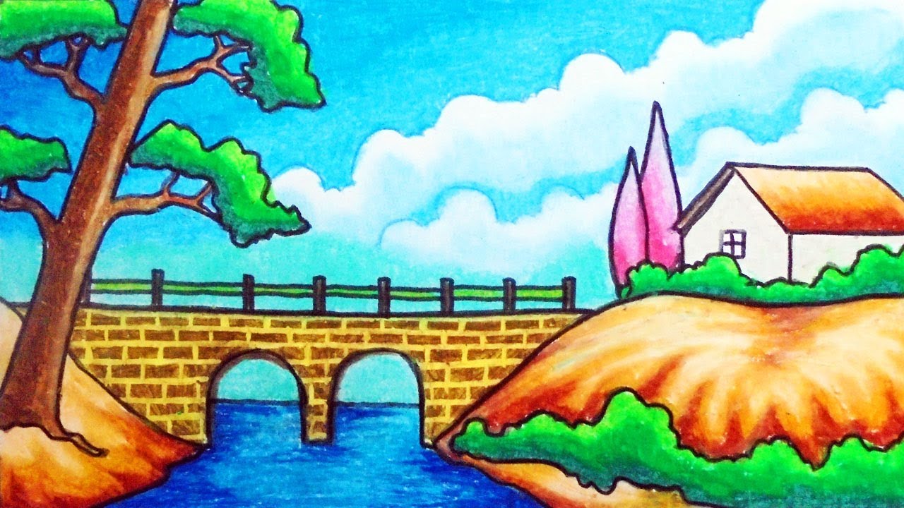 How to Draw Easy Scenery | Drawing Simple Bridge Scenery Step by Step with Oil Pastels