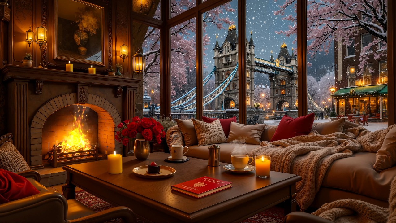 Quiet Snowy London Café Jazz ❄️ Warm Coffee Shop Ambience & Crackling Fireplace for Work