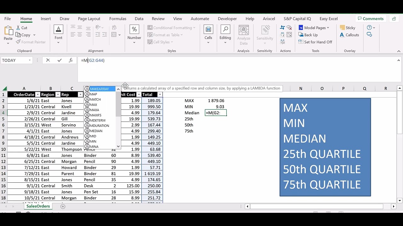 MAX MIN MEDIAN 25th 50th 75th percentile in Excel explained easily