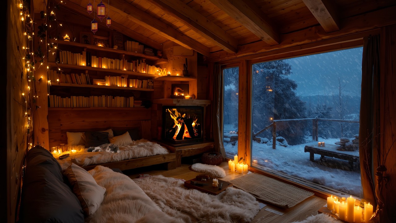Epic Howling Snows Cabin at Night ❄️ | Crackling Fire & Snowfall Sounds for Sleep and Stress Relief