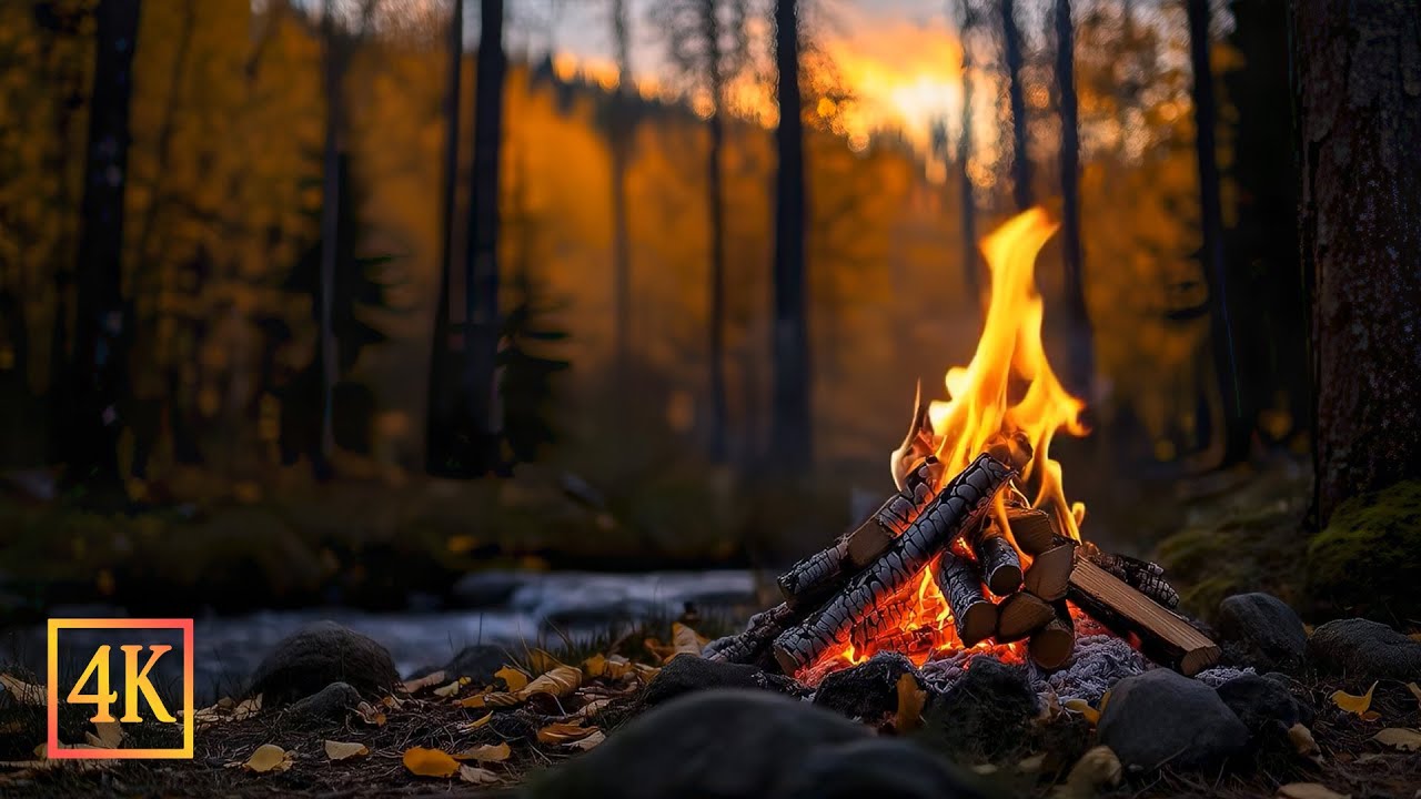 Fall Campfire in the Forest by Water 🔥 Pure Nature Ambience For Deep Sleep