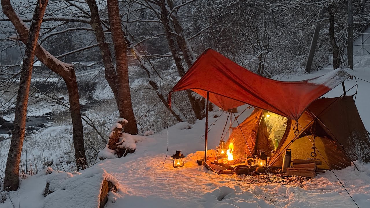 【大雪】川の音が止まらない夜に猪鍋。雪中ソロキャンプ。