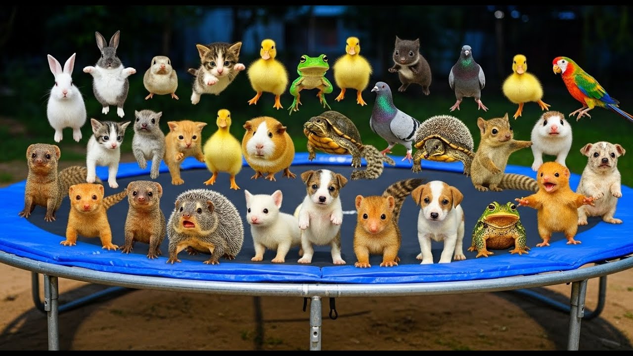 CCTV Caught THIS at 3AM! Animals on a Trampoline?! 🐇🐥🐱🐸
