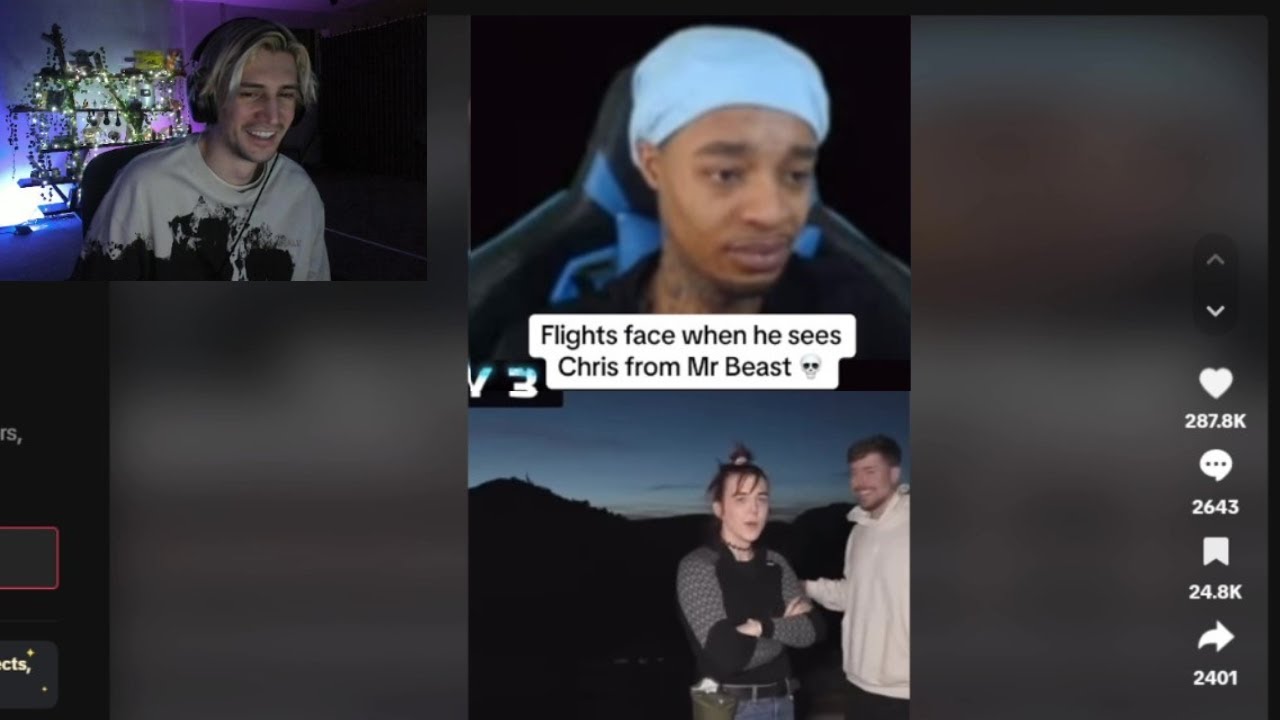 xQc reacts to Flights face when he sees Chris from Mr. Beast