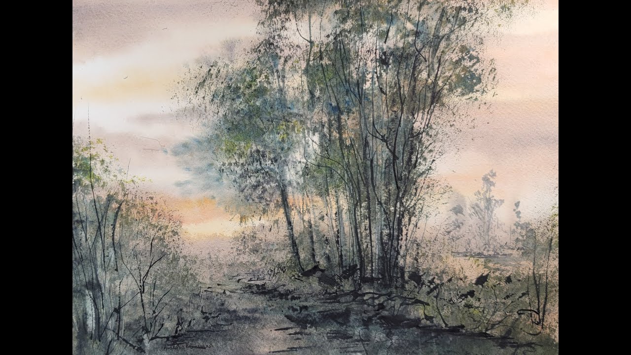 612) Tonalist Watercolor Landscape Painting: A little more phthalo blue. Painting Spring.