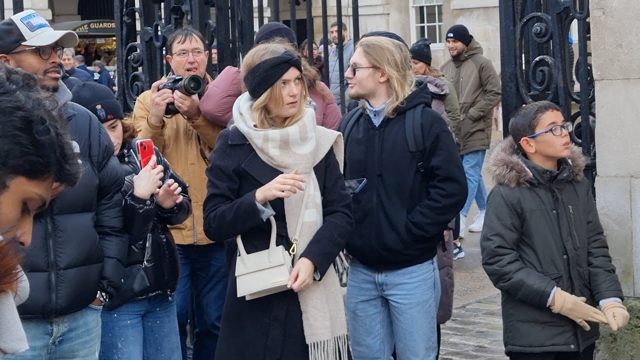 Tourist FROZEN IN SHOCK as King's Guard Shouts at Horse Guards - Happy New Year!
