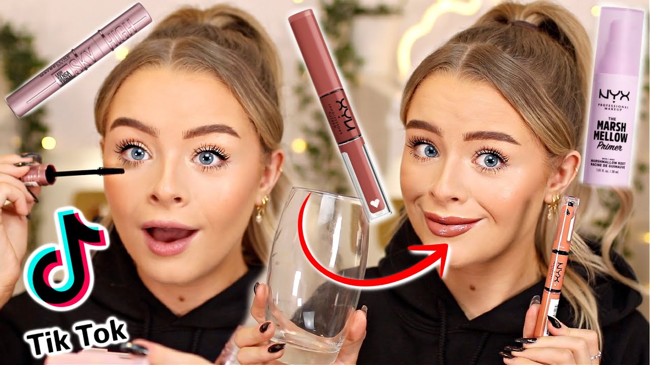 TESTING VIRAL MAKEUP!! SKY HIGH MASCARA, NYX MARSHMALLOW PRIMER + NYX SHINELOUD HIGH SHINE LIPSTICK!
