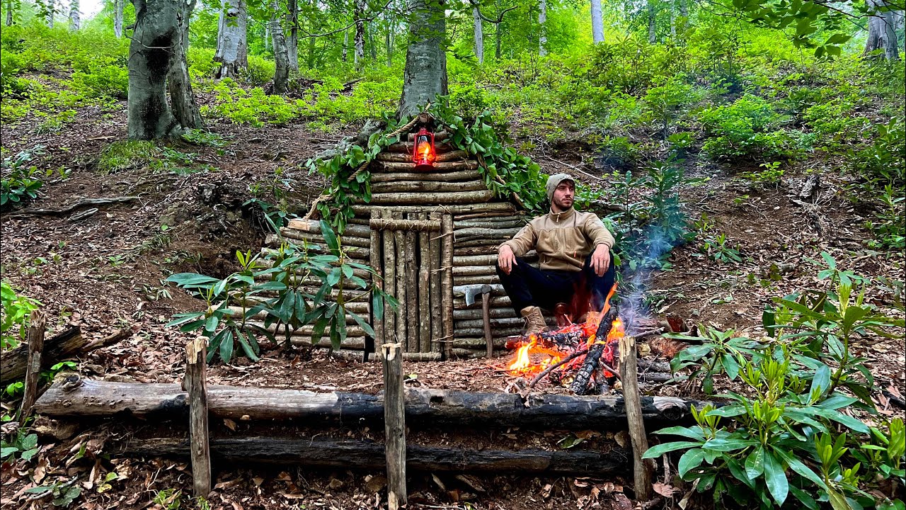 SOLO BUSHCRAFT CAMPİNG SHELTER/ORMANDA ŞÖMİNELİ BARINAK building,rain,forest, Fireplace, cooking