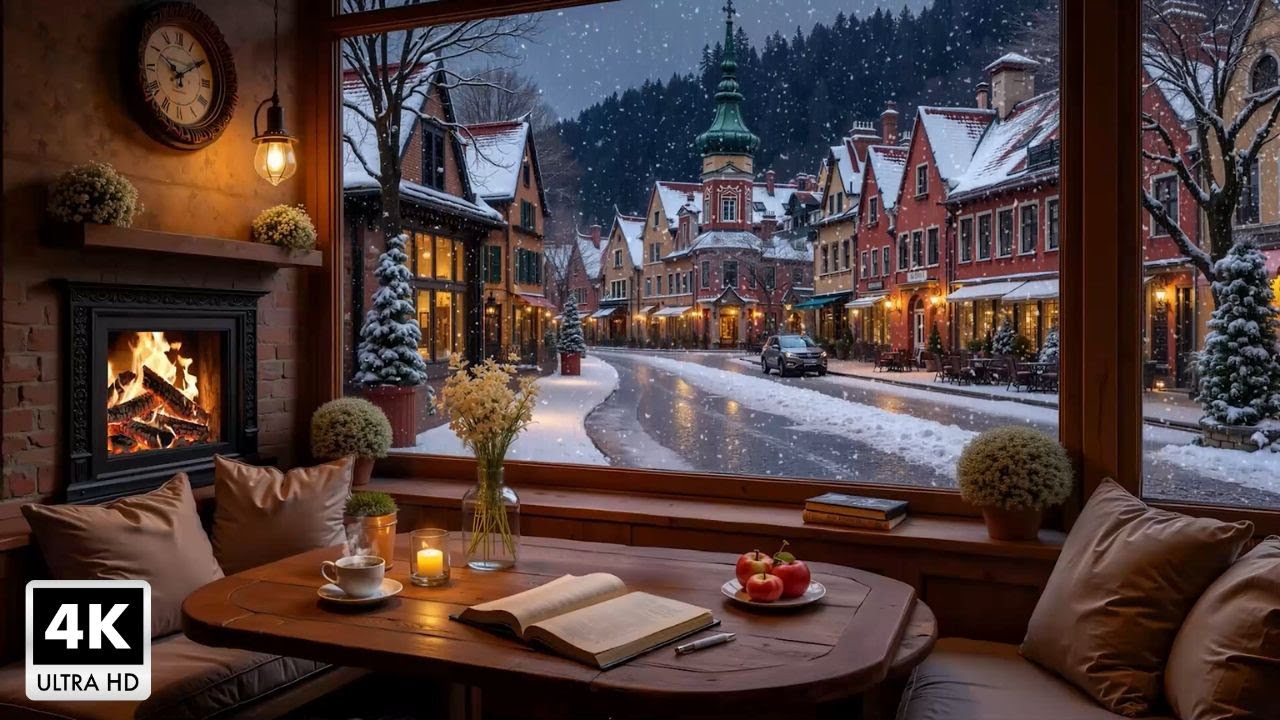 Cozy Cafe Space with Gentle Jazz Music ~ Jazz Piano and Fireplace Sounds to Reduce Stress, Anxiety
