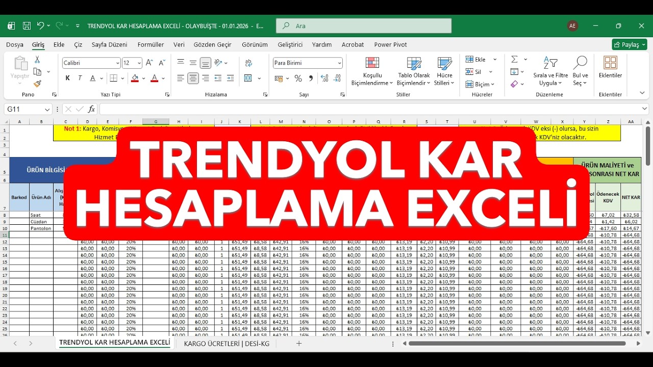 Trendyol Kâr Hesaplama Exceli (2026) | Kargo + Komisyon + Hizmet Bedeli Sonrası Net Kâr