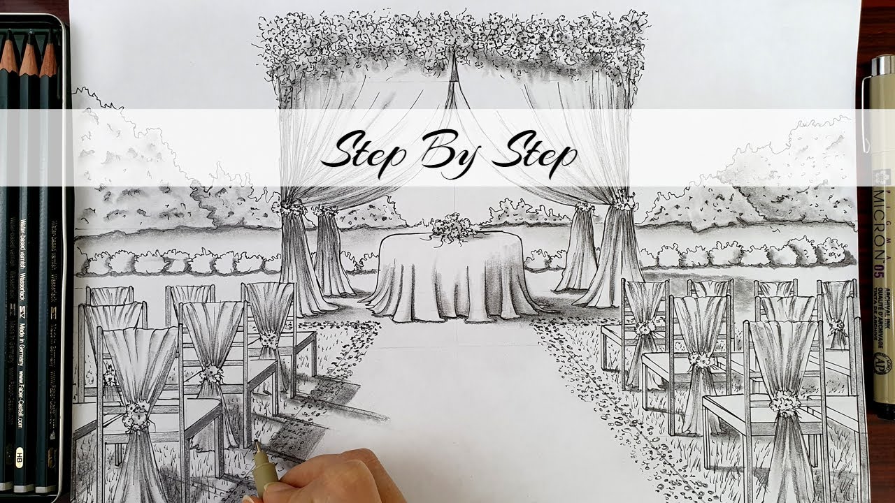 How To Draw A Wedding Ceremony Scene in One Point Perspective | Step By Step